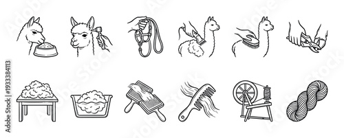 Black and white line art icons showing alpaca care and wool production from shearing to finished yarn, a hand-drawn doodle style illustration set isolated on a white background