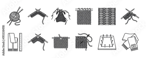 Knitting process line icons set showing step-by-step instructions for a handmade craft hobby from yarn and needles to a finished scarf, isolated on white background
