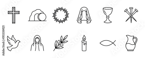 Twelve Christian symbols of faith icon set in a simple black outline style including the cross, crown of thorns, empty tomb, and dove, isolated on a white background