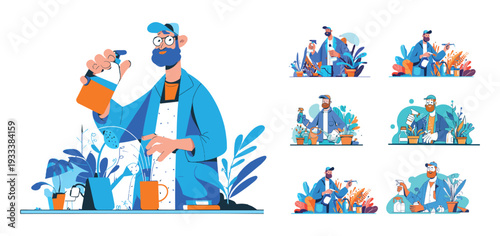 Male gardener character cartoon vector scenes. Man apron eyeglasses cap watering domestic plants spray bottle ceramic pots houseplant care routine floral foliage botanical flowers isolated