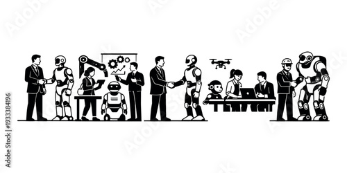 Collaboration between humans and AI robots in various business and industrial settings, showcasing contemporary partnerships