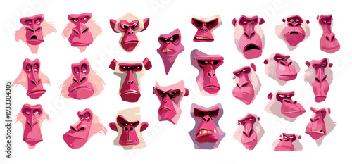 Monkey faces cartoon vector set. Ape diverse facial expressions anger boredom wild forest tricky animal characters, isolated illustration