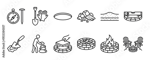 Set of fire pit construction line icons illustrating the DIY backyard project steps from digging and laying pavers to enjoying a campfire with chairs, isolated on white