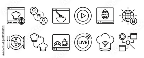 Set of black line icons for online cooking classes and food blogging, a minimalist vector collection with symbols for recipes, video tutorials, and live streaming isolated on white