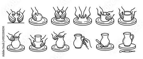 Pottery making process icons showing hands shaping clay on a potter's wheel from start to finish, a step-by-step guide in a minimal line art style isolated on white