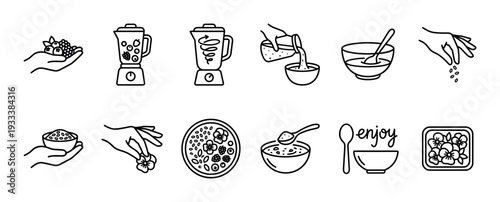Set of black line art icons showing the step-by-step recipe for making a healthy smoothie bowl with berries, seeds, and edible flowers, isolated on a white background