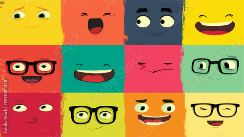 Cheerful cartoon faces on a colorful background expressing various emotions and concepts. Cartoon faces showing emotions and different personalities