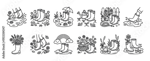 Set of hand-drawn rubber boot illustrations in a cute doodle style showing spring and rainy day scenes with puddles, flowers, and gardening tools, isolated on a white background