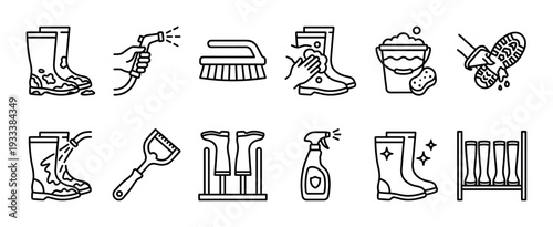 Boot cleaning and care line icon set showing the process of washing muddy rubber wellingtons with a hose, brush, and soap, isolated on a white background