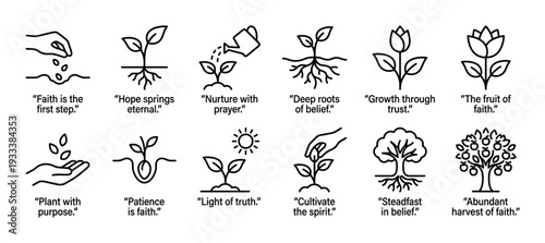 Set of twelve spiritual growth icons using a plant metaphor from seed to fruit tree with inspirational faith quotes, presented in a clean line art style isolated on white