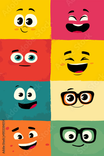 Cheerful cartoon faces on a colorful background expressing various emotions and concepts. Cartoon faces showing emotions and different personalities