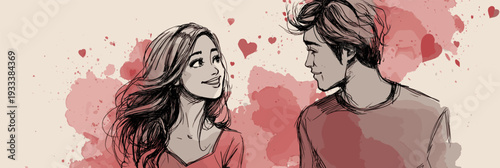 Smiling cartoon boy and girl with red hearts floating above them, depicting true love. Happy cartoon couple showing love and affection