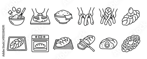 Bread making process line art icons set showing the steps of preparing, kneading, braiding, and baking a traditional loaf, isolated on a white background