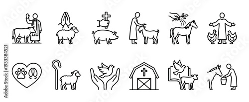 Blessing of animals religious line icon set showing Christian faith concepts like prayer, care, and pastoral symbols with farm livestock like sheep, cows, and pigs, isolated on white