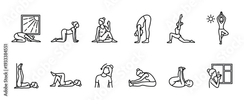 Set of black line art icons showing a woman in various yoga poses and stretching exercises for a morning routine and self-care concept, isolated on a white background