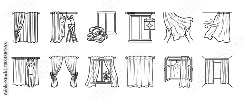 Collection of hand-drawn curtain and window icons showing various home decor and installation concepts in a simple black line art doodle style, isolated on a white background