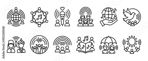 Collection of twelve minimalist outline icons representing choir, singing, community, global unity, music, and harmony, a linear pictogram set isolated on a white background