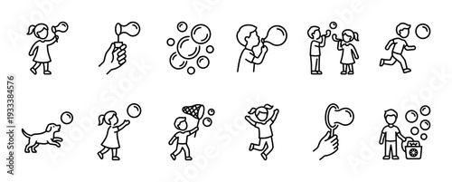 Soap bubble blowing line icon set showing children and a dog playing with wands, nets, and a machine, a simple linear vector illustration isolated on a white background