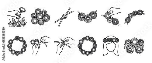 Set of black line art icons showing step-by-step instructions for weaving a dandelion flower crown, from picking flowers to wearing the finished wreath, isolated on a white background