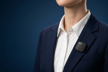 Luxury studio portrait featuring a close-up of a model in a tailored navy suit and crisp white shirt, showcasing a sleek AI pin with perfect alignment against a smooth deep blue gradient background