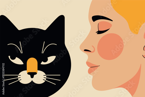 A stylized profile of a woman faces a black cat with piercing eyes. The illustration uses flat colors and simple shapes to contrast the woman's soft features with the cat's sharp expression.