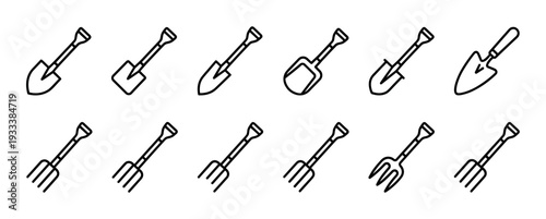 Set of shovel and pitchfork line icons showing various garden tool designs in a minimalist outline style isolated on a white background