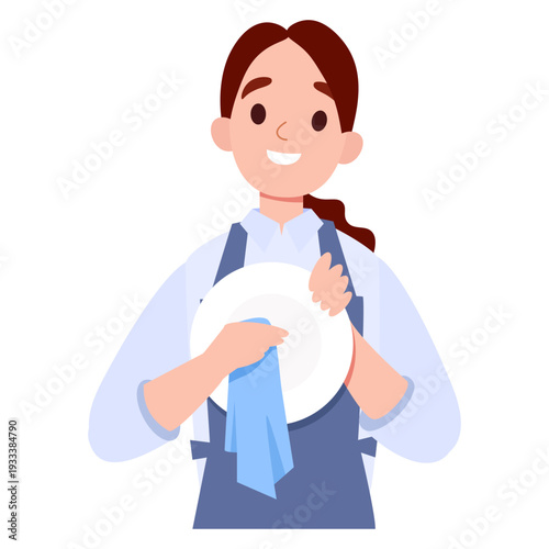 Smiling Woman mother Wiping a Plate