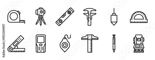 Black line icons of surveying measurement tools including a theodolite, level, caliper, and tape measure for engineering and construction projects, isolated on white
