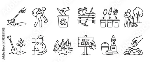 Set of black and white line icons showing environmental cleanup activities like recycling, garbage collection, planting trees, and volunteering, in a simple minimalist style isolated on white