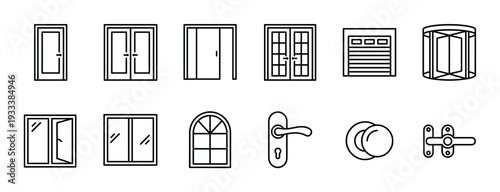 Set of door and window line icons showing various types of entrances, openings, and hardware for architectural or construction concepts, isolated on a white background