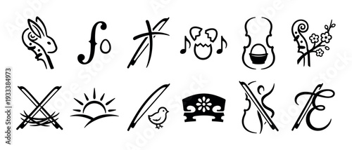 Set of black calligraphic icons combining violin and cello musical elements with spring and Easter symbols like a rabbit, egg, and flowers, isolated on a white background