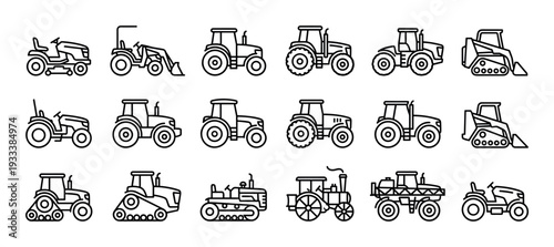 Tractor and agricultural machinery line art icons featuring various farm vehicles, loaders, mowers, and heavy equipment in a simple black outline vector set isolated on a white background