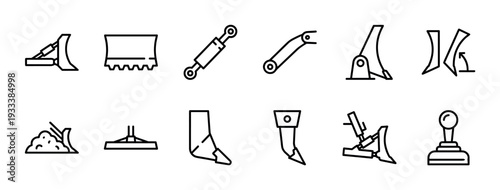 Bulldozer parts and heavy machinery line icons set showing various attachments like blades, rippers, buckets, and hydraulic cylinders in a minimalist vector style isolated on white
