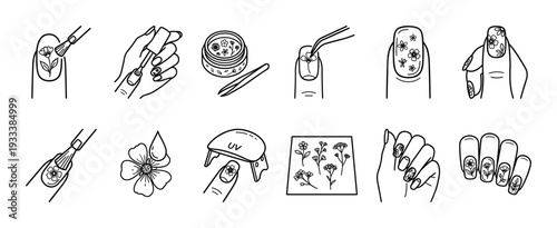 Set of manicure instruction icons showing floral nail art application with dried flowers, tweezers, polish, and a UV lamp in a simple black and white line art doodle style