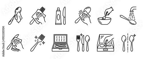 Cutlery cleaning and care instruction icons set showing washing, drying, polishing, and storing silverware like spoons, forks, and knives, isolated on a white background