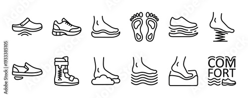 Comfortable footwear and foot health line icons collection showing orthopedic shoes, supportive insoles, cushioned soles, and medical braces, isolated on a white background