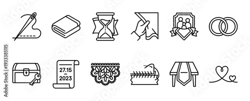 Set of black line art icons representing family traditions, heirlooms, and marriage, featuring symbols like rings, a crest, and an hourglass, isolated on a white background