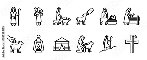 Shepherd and lamb religious line icon set depicting biblical stories of faith, care, guidance, and pastoral life with a cross and crook symbol, isolated on a white background