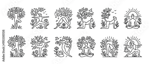 Set of twelve yoga pose line icons showing women in various asanas integrated with nature elements like trees and flowers, isolated on a white background