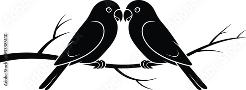 Black Silhouette of Two Lovebirds Perched on a Tree Branch Minimalist Romantic Parrot Illustration for Valentines Day Wedding Invitations Greeting Cards and Nature Decor