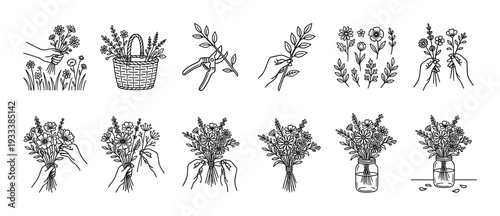 Set of black and white line art illustrations showing the process of making a wildflower bouquet, from picking flowers to arranging them in a jar, in a simple doodle style