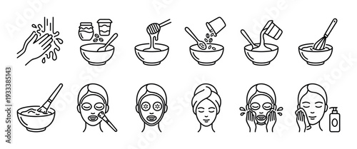 Facial mask application steps line icon set showing a homemade beauty routine from mixing ingredients to washing the face, a vector illustration for skincare instructions on a white background