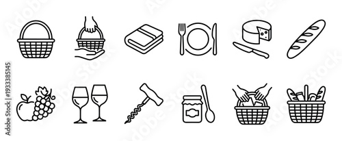 Picnic food and equipment linear icons set with basket, wine, cheese, bread, fruit, and cutlery, a collection of simple black outline graphic elements isolated on white
