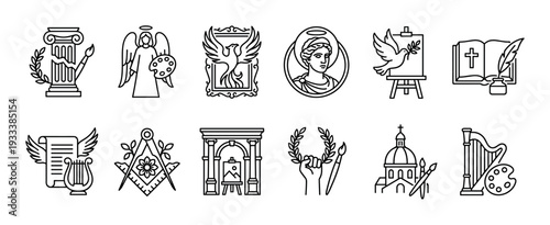 Set of black outline icons for art, culture, religion, and knowledge, featuring symbols like an angel, harp, column, and easel, in a minimalist linear style isolated on white