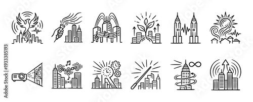 Set of conceptual city life icons showing urban development, growth, protest, music, and technology in a minimalist black line art style isolated on white