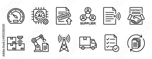 Business and technology outline icon set for concepts like logistics, supply chain, automation, tender, contract, and delivery, presented in a clean minimalist style isolated on white