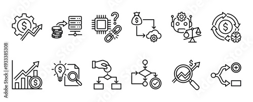 Set of twelve black line icons for business and finance concepts like growth, data analysis, fintech, and strategy, presented in a clean, minimalist style isolated on white
