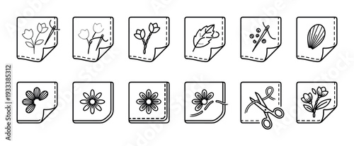 Embroidery and sewing line art icons set with floral patterns, needle, thread, and scissors on fabric patches, a minimalist vector collection for handmade crafts isolated on white
