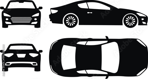 Black sports car vector silhouette collection featuring front side rear and top view perspective icons isolated on white background for automotive design projects.