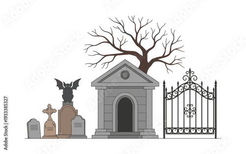 Cemetery scene featuring a crypt building, a bare tree, various gravestones, a bat statue, and an elaborate wrought iron gate